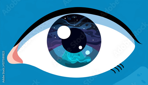 Surreal vector illustration of a human eye reflecting outer space and galaxy