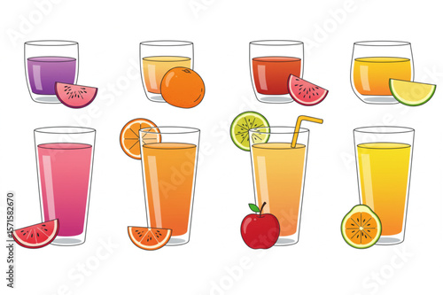 Bright drinks collection in glasses, featuring fruit juices for a healthy lifestyle, perfect for menu designs and promoting refreshing beverages.