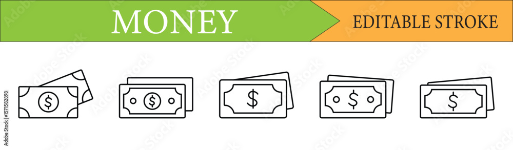 Money Dollar Banknote Line Icon Set with Editable Stroke Money Dollar Banknote Line Icon Set with Editable Stroke
