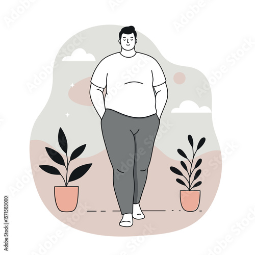 Confident plus-size man walking with hands in pockets surrounded by indoor plants in a minimalistic design