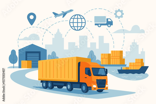 Smart logistics and global transportation network. Container truck, cargo ship and airplane for worldwide shipping. Supply chain management and distribution vector concept.