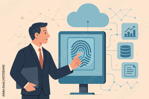 Businessman using fingerprint scan for biometric authentication. Secure access to cloud data network. Cybersecurity, data protection, digital identity verification concept. Vector.