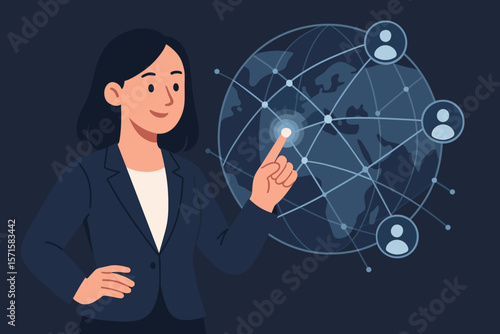 Global business networking concept. Businesswoman touching digital interface with world map. International communication, data exchange, customer connection. Future technology.