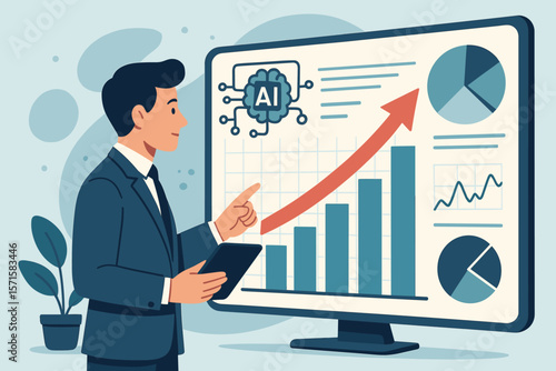 Artificial intelligence for business analytics. Businessman using computer dashboard for data analysis, market growth report. Financial statistics, investment strategy concept vector.