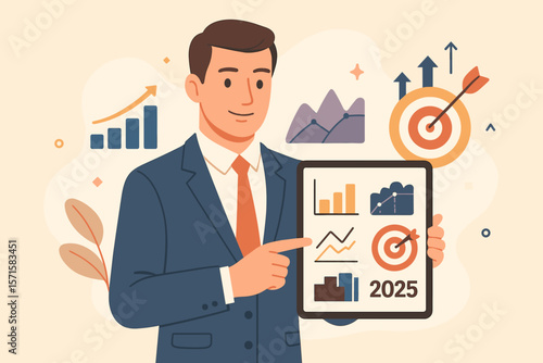 Businessman presenting 2025 business plan on tablet. Concept of strategy, growth, and success. Manager showing financial analysis, profit goals, and market targets.