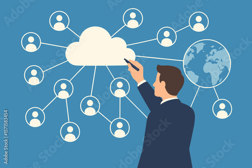 Businessman drawing customer global network structure. Cloud computing and data exchange connection. Worldwide business communication concept. Modern flat vector cartoon illustration.