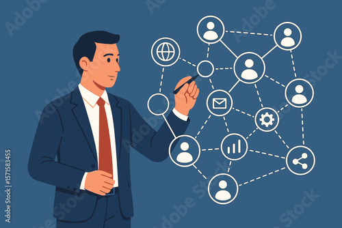 Businessman drawing global network structure. Customer relationship management concept with data exchange and client connection. Digital marketing and social media strategy workflow.