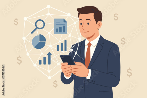 Businessman using smartphone for financial analysis and business data management. Concept of mobile banking, stock market investment, fintech, and digital technology growth.