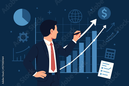Businessman draws growth graph, analyzing financial and investment data. Business planning and strategy concept for corporate progress on a global network. Upward arrow.