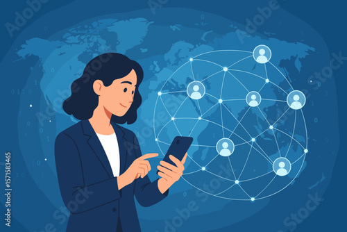Business woman with a mobile phone managing a global network. Digital marketing, customer data connection, communication technology, and business innovation concept on world map.