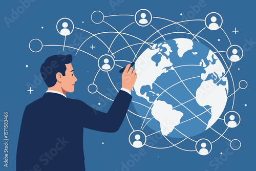 Businessman drawing global network structure. Man managing data exchange and customer connections on world map. Global business and communication technology concept vector.