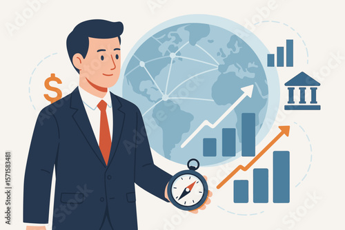 Businessman holding compass for investment direction. Financial strategy, stock market analysis, and global business growth. Banking and economic concept vector illustration.