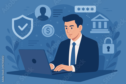 Businessman using laptop for online banking. Fintech and financial security concept. Secure internet transaction, network protection, data privacy, password authentication, e-kyc.