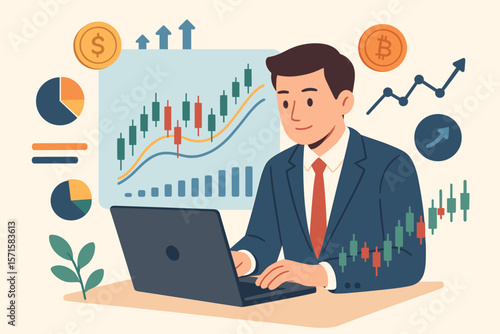 Businessman trading stock market and crypto on laptop. Financial analyst examining data chart for investment growth. Digital assets, banking, funds, and economy concept.