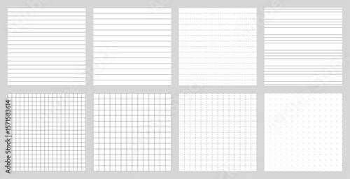 Set of 8 seamless notebook line patterns: narrow, wide, dashed, handwriting lines, small and large grid, dashed grid, dot. Ideal for journals, planners, printables, and school sheets.
