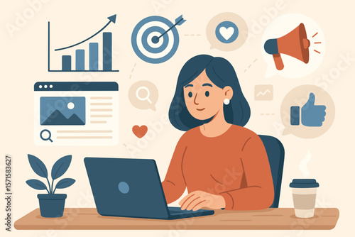 Digital marketing concept. Businesswoman at laptop developing strategy. Social media management, SEO analysis, content creation, data growth chart. Flat vector illustration.