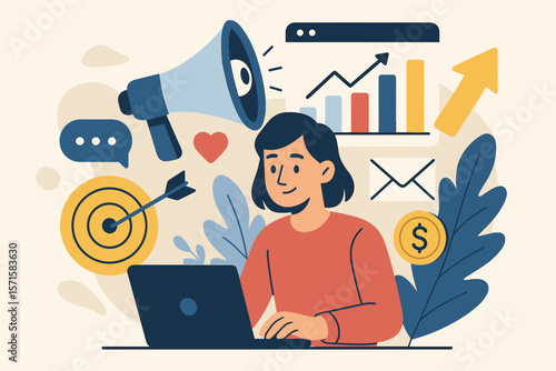 Digital marketing strategy concept. Businesswoman at laptop analyzing sales data chart for growth. Social media campaign, target audience, financial success. Flat vector illustration.