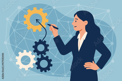 Businesswoman connects gears. Metaphor for teamwork, partnership, and business strategy. Concept for development, success, organization, solution, and planning. Flat vector.