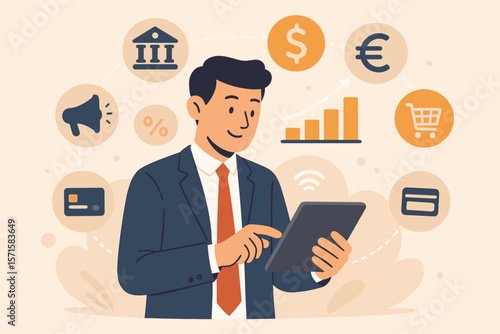 Businessman using tablet for online banking, digital marketing and financial management. Fintech concept with icons for investment growth, currency exchange and e-commerce.