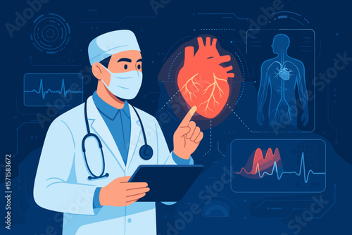 Cardiologist doctor analyzing patient heart condition. Surgeon examines human anatomy on a digital futuristic virtual interface with EKG. Medical technology, AI, hologram concept.