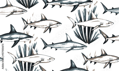 Vector illustration a seamless pattern featuring sharks in a watercolor style , an elegant seamless pattern with abstract shark symbols, easily editable.