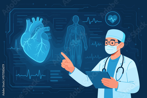 Cardiologist analyzing heart condition on futuristic digital interface. Doctor with holographic human anatomy, EKG data. Medical technology, AI in healthcare, virtual diagnosis.