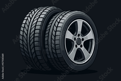 Detailed vector illustration of two modern car tires with alloy rims, realistic tread pattern, automotive parts, transportation concept, isolated on dark background, flat cartoon style