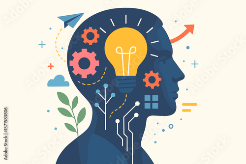 Creative idea concept. Double exposure head with light bulb, gears. Innovation, technology, growth metaphor. Brainstorming, strategy, development, mind process vector art.