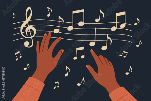 Engaging music composition with hands interacting with musical notes and clef. Creative flat vector illustration for melody, song, and sound art