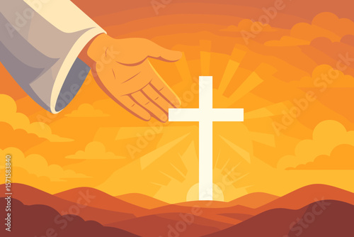 Divine hand reaching toward glowing white Christian cross at sunrise, faith hope salvation concept, spiritual guidance, religious illustration, mountain landscape, vector art