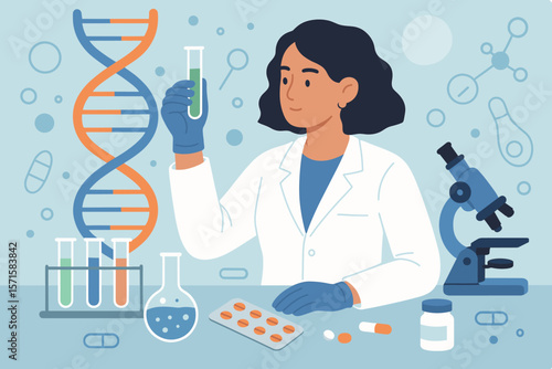 Female scientist in laboratory conducting genetic research, biotechnology, pharmaceutical development, DNA analysis, molecular biology, chemistry, medicine, test tubes, microscope