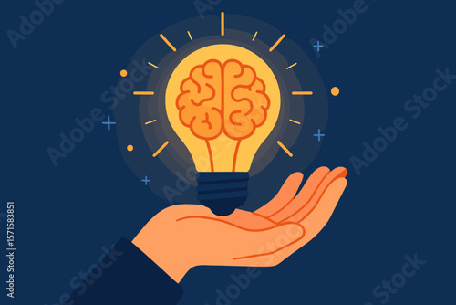 Hand holding glowing light bulb with brain inside, symbolizing creative idea, smart thinking, innovation, inspiration, intelligence, science, knowledge, modern vector illustration