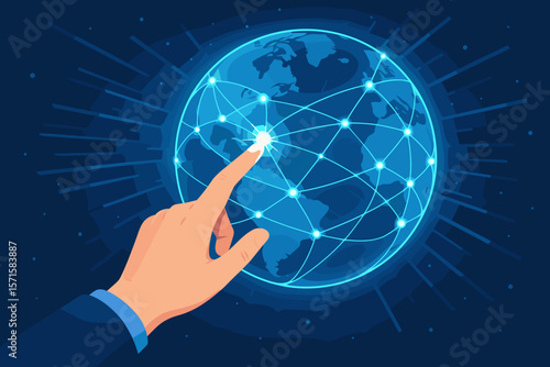 Hand touching global data network connection on Earth, fast digital communication, internet, AI, data transfer, and information technology.