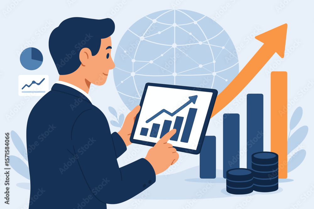 Businessman Analyzing Financial Growth Data on Tablet, Investment Progress, Bar Chart, Upward Arrow, Global Network, Business Strategy, Digital Analytics, Modern Flat Vector Businessman Analyzing Financial Growth Data on Tablet, Investment Progress, Bar Chart, Upward Arrow, Global Network, Business Strategy, Digital Analytics, Modern Flat Vector