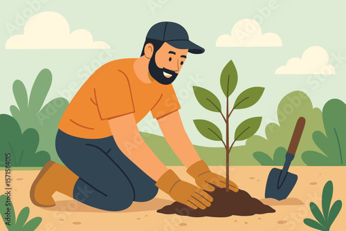 Man planting young tree sapling in garden. Gardening gloves, shovel, soil. Environmental conservation, reforestation, eco-friendly activity. Flat vector cartoon illustration outdoors.