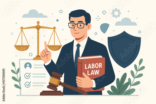 Labor law lawyer holding book, legal advice and defense, justice scale, gavel, compliance checklist, shield, regulation policy, business law, modern flat vector illustration