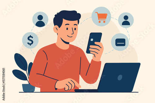 Online Payment and Shopping Concept. Man Using Smartphone and Laptop for E-Commerce, Digital Transactions, Money Transfer, Customer Account Management. Modern Flat Vector Illustration