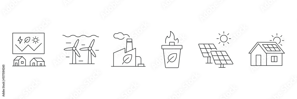 Renewable Energy Icon Set. Renewable energy and low emission sustainable power system line icon set including solar, wind, hydrogen and EV charging. Vector illustration. Renewable Energy Icon Set. Renewable energy and low emission sustainable power system line icon set including solar, wind, hydrogen and EV charging. Vector illustration.