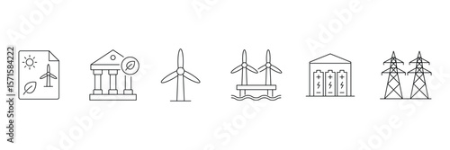 Renewable Energy Icon Set. Renewable energy and low emission sustainable power system line icon set including solar, wind, hydrogen and EV charging. Vector illustration.