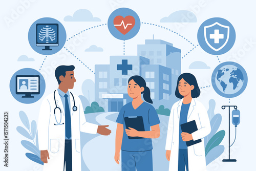 Modern healthcare hub concept with doctors and nurses teamwork, hospital building, global medical insurance, digital health services, medical technology, patient care