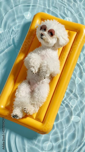 A fluffy, pampered canine enjoys the ultimate summer experience, basking on a vibrant yellow inflatable in a crystal-clear pool