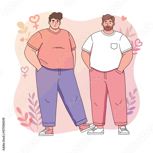 Stylish plus-size men standing together in casual outfits with a colorful background