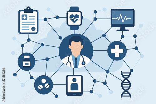 Connected healthcare network concept. Modern flat vector illustration of doctor, medical technology, telemedicine, wearable devices, digital health, online consultation, data sharing