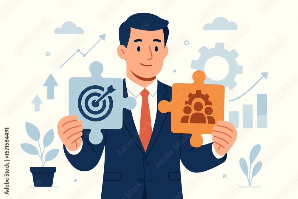 Businessman Holding Jigsaw Puzzle Pieces with Target and Teamwork Icons. Partnership, Collaboration, Unity, Strategy, Leadership, Business Solution, Goal Achievement Concept Businessman Holding Jigsaw Puzzle Pieces with Target and Teamwork Icons. Partnership, Collaboration, Unity, Strategy, Leadership, Business Solution, Goal Achievement Concept
