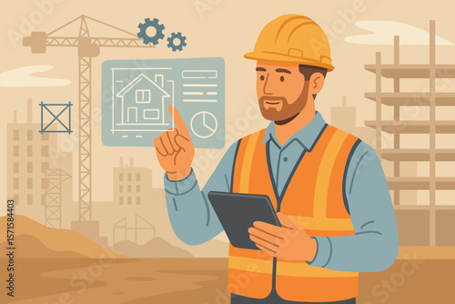 Construction engineer using digital tablet and smart technology at building site. Modern industrial innovation, digital planning, advanced tools, architecture, project management