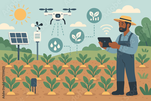 Smart farming technology in agriculture field with farmer using tablet, drone monitoring crops, solar panel, sensors, data analysis, precision irrigation, modern sustainable agriculture
