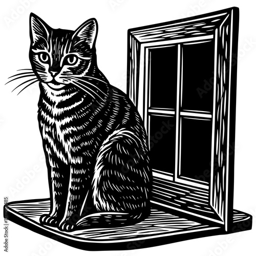 Gray cat sitting on a windowsill looking outside a vector illustration