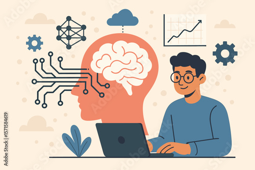 Artificial intelligence and machine learning concept. Man with laptop developing AI. Human head with brain connected to neural network. Data science, deep learning technology.