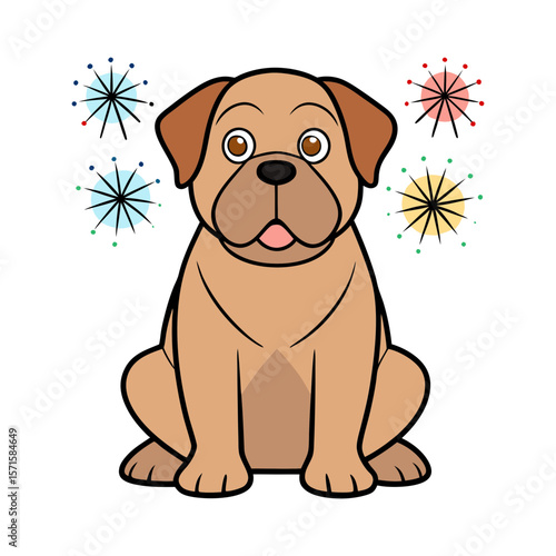 mastiff sitting with fireworks illustration vector art