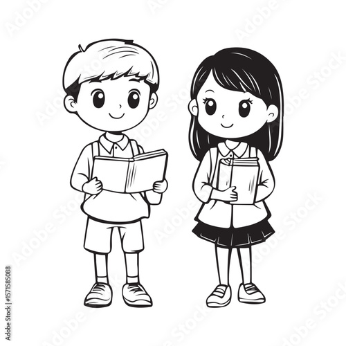 Cute Kid Characters silhouette, Kid Characters holding book vector, Girl and boy, school students vector